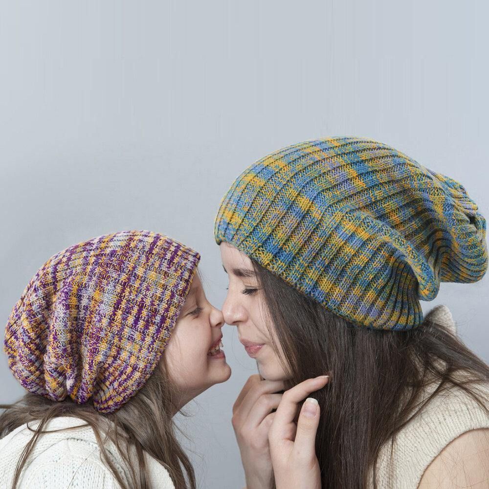 Unisex Woolen Mixed Rainbow Color Stripes Pattern Plus Velvet Thick Warm Couple Hüte Beanie Strickmütze