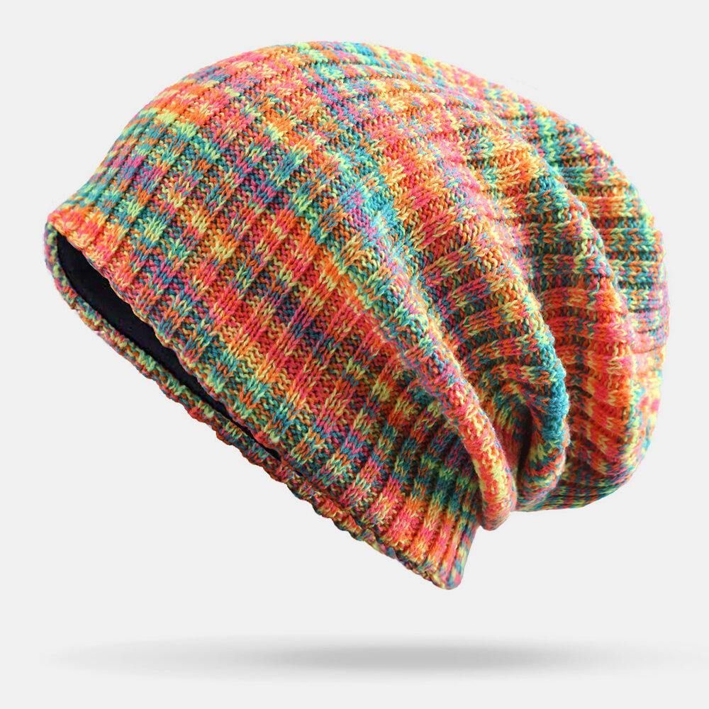 Unisex Woolen Mixed Rainbow Color Stripes Pattern Plus Velvet Thick Warm Couple Hüte Beanie Strickmütze