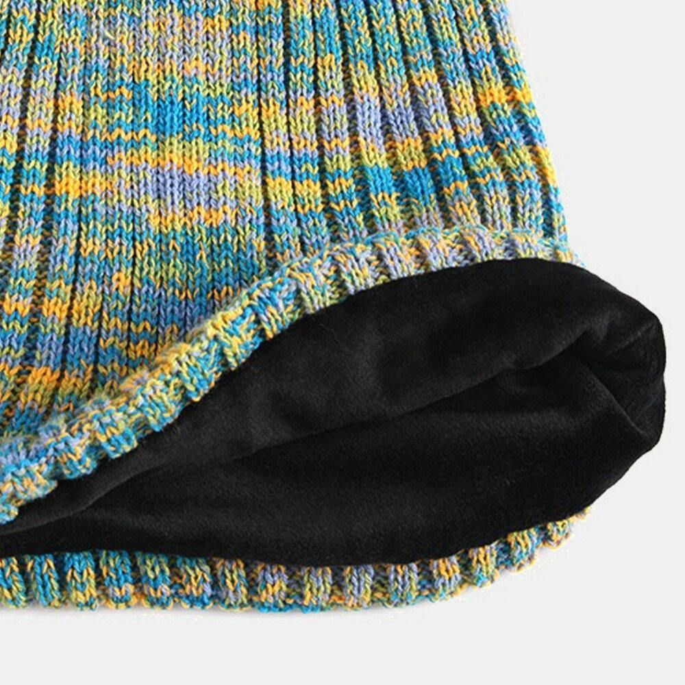 Unisex Woolen Mixed Rainbow Color Stripes Pattern Plus Velvet Thick Warm Couple Hüte Beanie Strickmütze