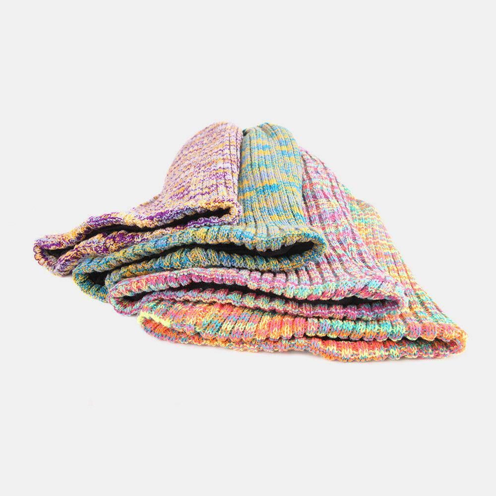 Unisex Woolen Mixed Rainbow Color Stripes Pattern Plus Velvet Thick Warm Couple Hüte Beanie Strickmütze