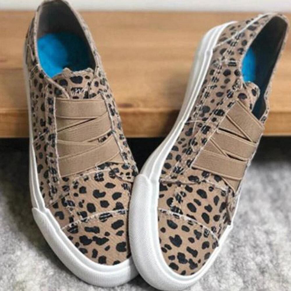 Woemn Leopard Printing Elastic Band Casual Canvas Flache Schuhe