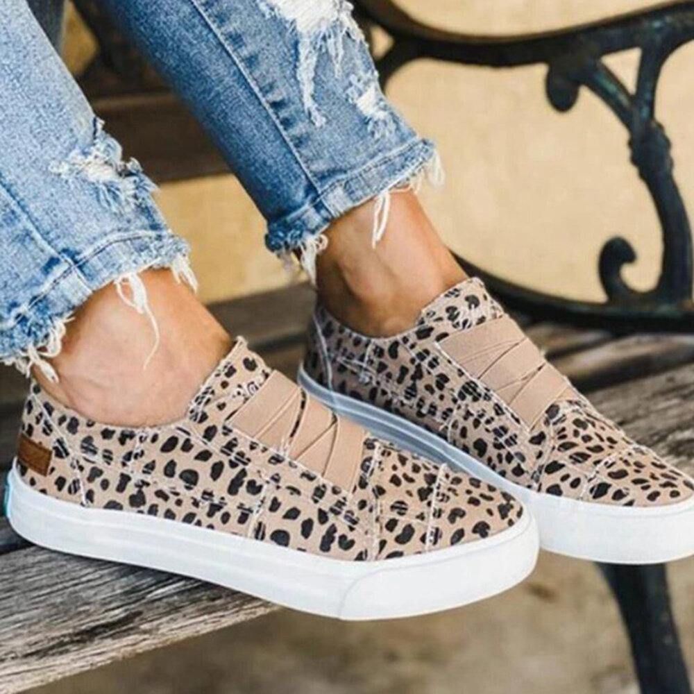 Woemn Leopard Printing Elastic Band Casual Canvas Flache Schuhe