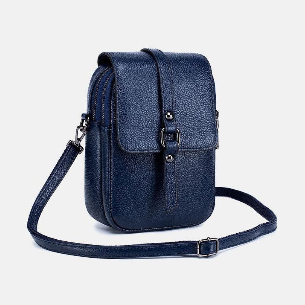 Damen Echtes Leder Casual Retro Multi-Layer Kopfhörer Loch 6.5 Zoll Handytasche Umhängetasche