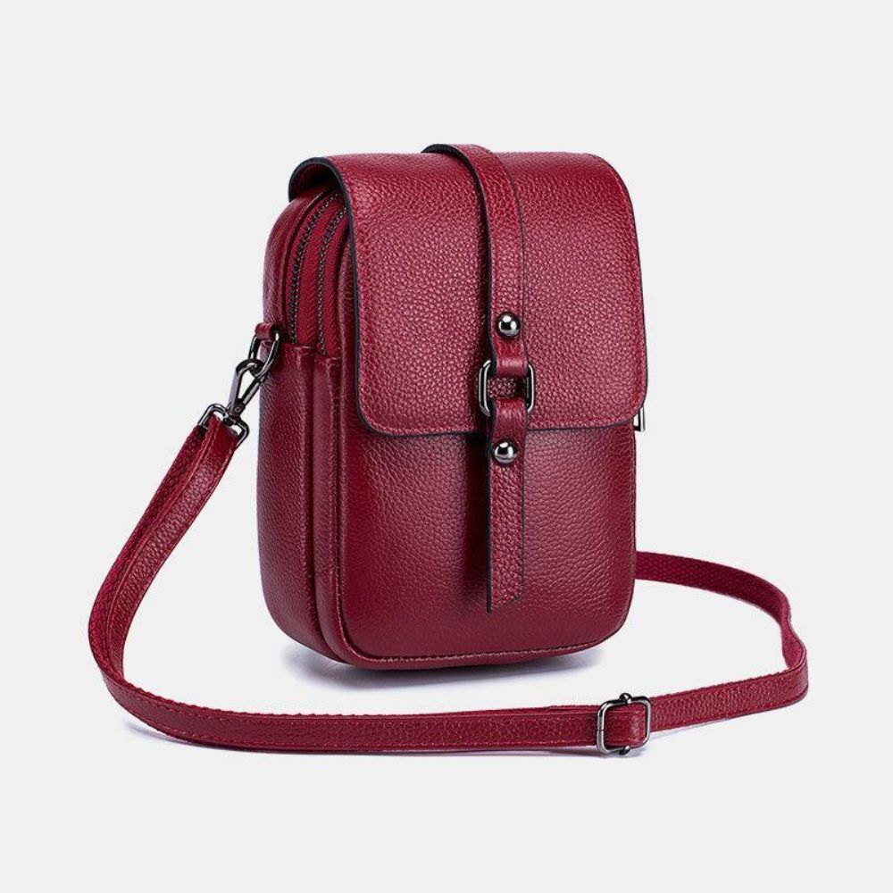 Damen Echtes Leder Casual Retro Multi-Layer Kopfhörer Loch 6.5 Zoll Handytasche Umhängetasche