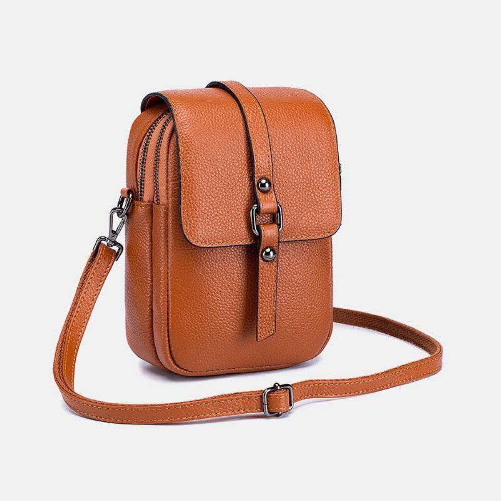 Damen Echtes Leder Casual Retro Multi-Layer Kopfhörer Loch 6.5 Zoll Handytasche Umhängetasche