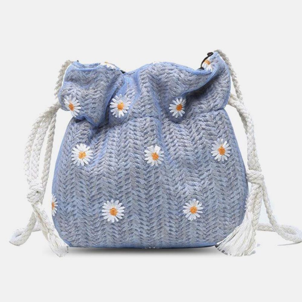 Damen Stroh Gänseblümchen Sonnenblume Muster Print Casual String Lace Bag Strandtasche Bucket Bag Umhängetasche Handtasche