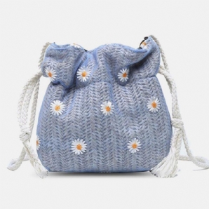 Damen Stroh Gänseblümchen Sonnenblume Muster Print Casual String Lace Bag Strandtasche Bucket Bag Umhängetasche Handtasche