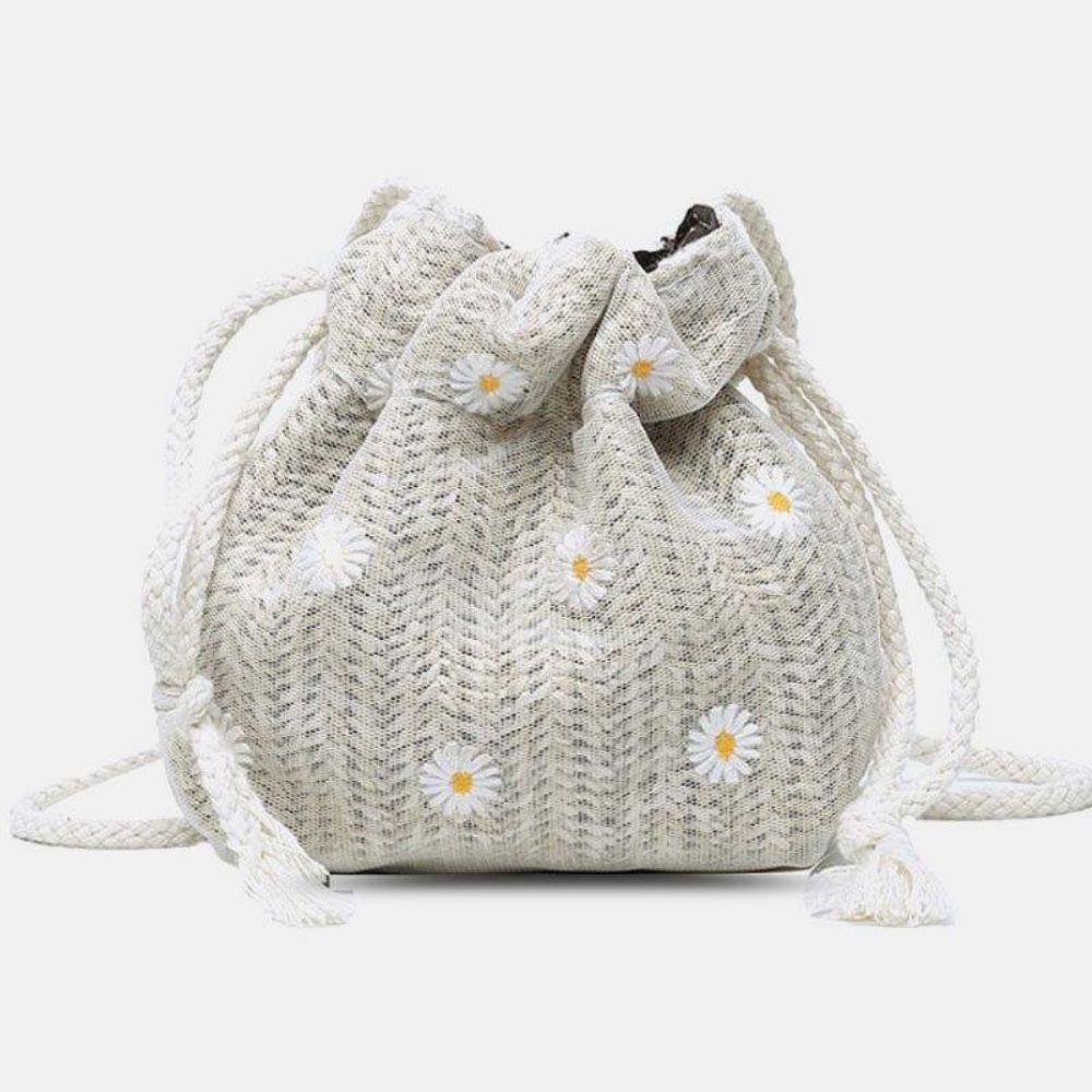 Damen Stroh Gänseblümchen Sonnenblume Muster Print Casual String Lace Bag Strandtasche Bucket Bag Umhängetasche Handtasche