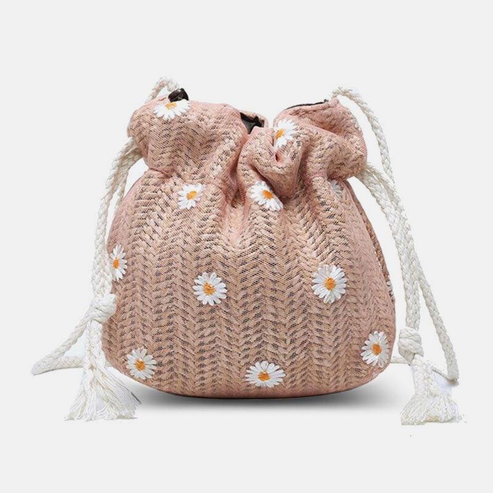 Damen Stroh Gänseblümchen Sonnenblume Muster Print Casual String Lace Bag Strandtasche Bucket Bag Umhängetasche Handtasche