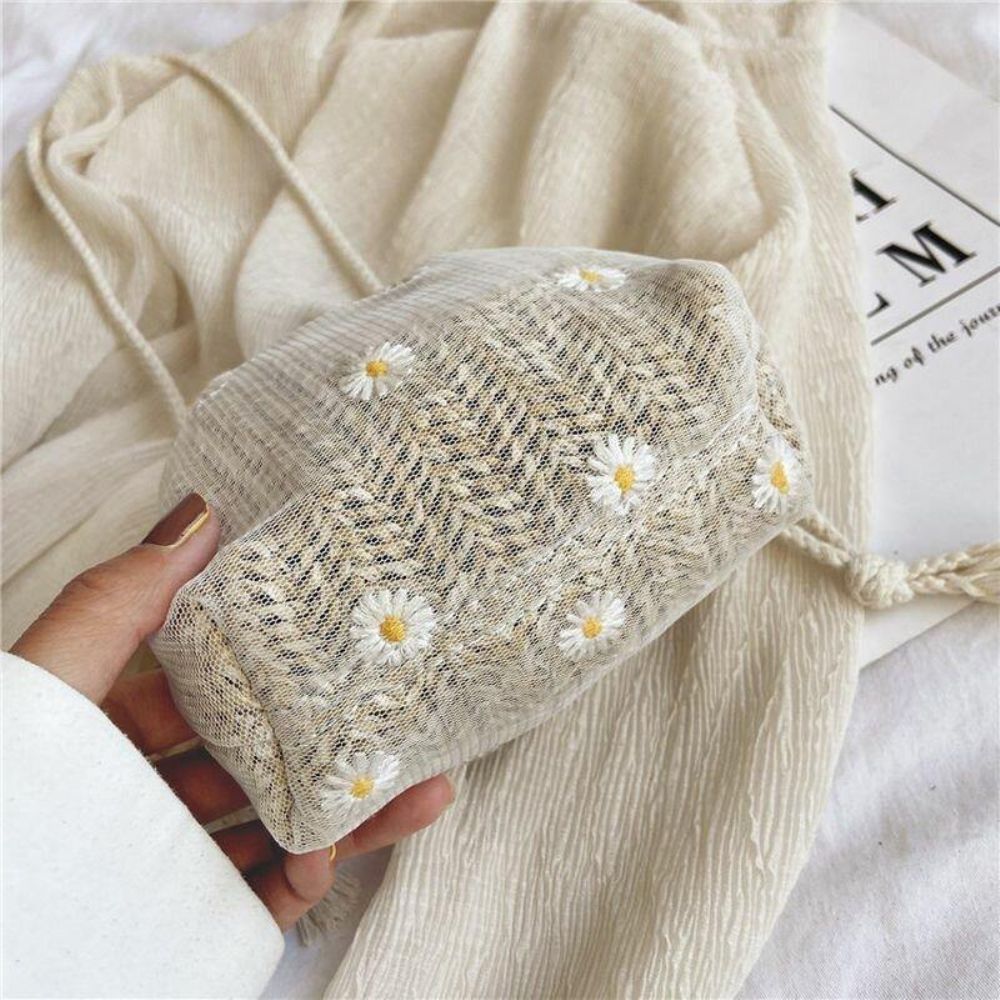 Damen Stroh Gänseblümchen Sonnenblume Muster Print Casual String Lace Bag Strandtasche Bucket Bag Umhängetasche Handtasche