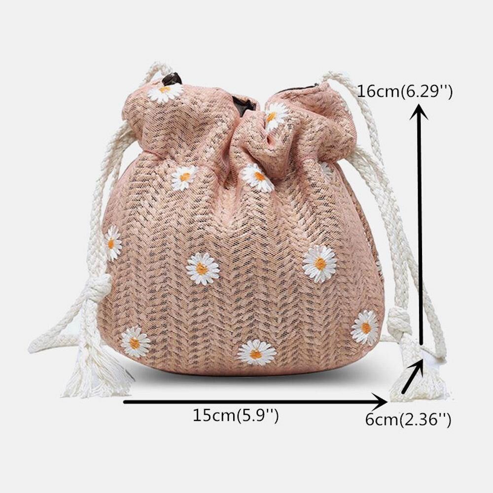 Damen Stroh Gänseblümchen Sonnenblume Muster Print Casual String Lace Bag Strandtasche Bucket Bag Umhängetasche Handtasche