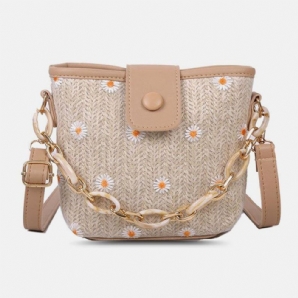 Damen Stroh Spitze Gänseblümchen Sonnenblume Muster Print Ketten Haspe Umhängetasche Umhängetasche Handtasche