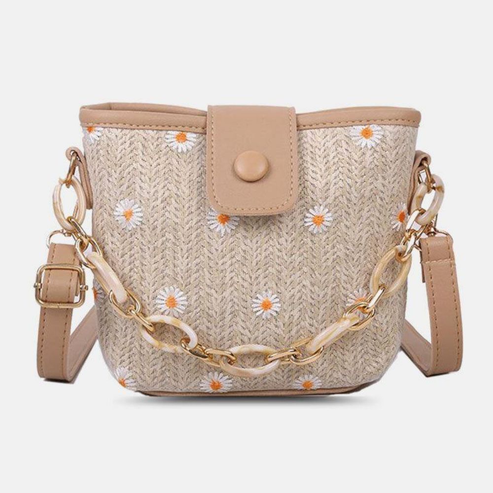 Damen Stroh Spitze Gänseblümchen Sonnenblume Muster Print Ketten Haspe Umhängetasche Umhängetasche Handtasche