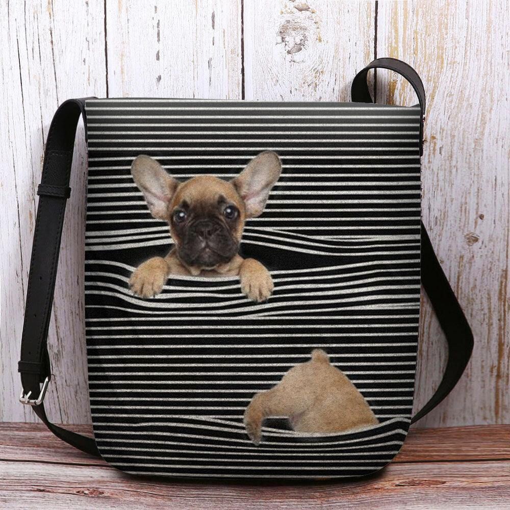 Frauen Filz Casual Stripe Cute 3D Dog Druckmuster Umhängetasche Umhängetasche