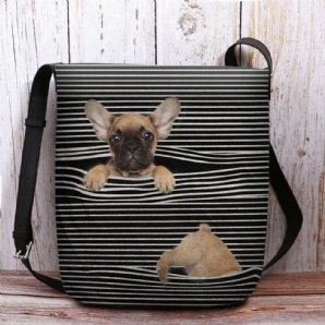 Frauen Filz Casual Stripe Cute 3D Dog Druckmuster Umhängetasche Umhängetasche