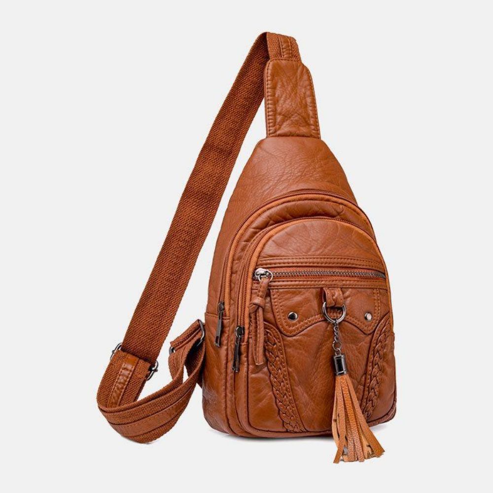 Frauen Pu Leder Quaste Große Kapazität Kopfhörer Loch Anti-Diebstahl Crossbody Taschen Umhängetasche Brusttasche