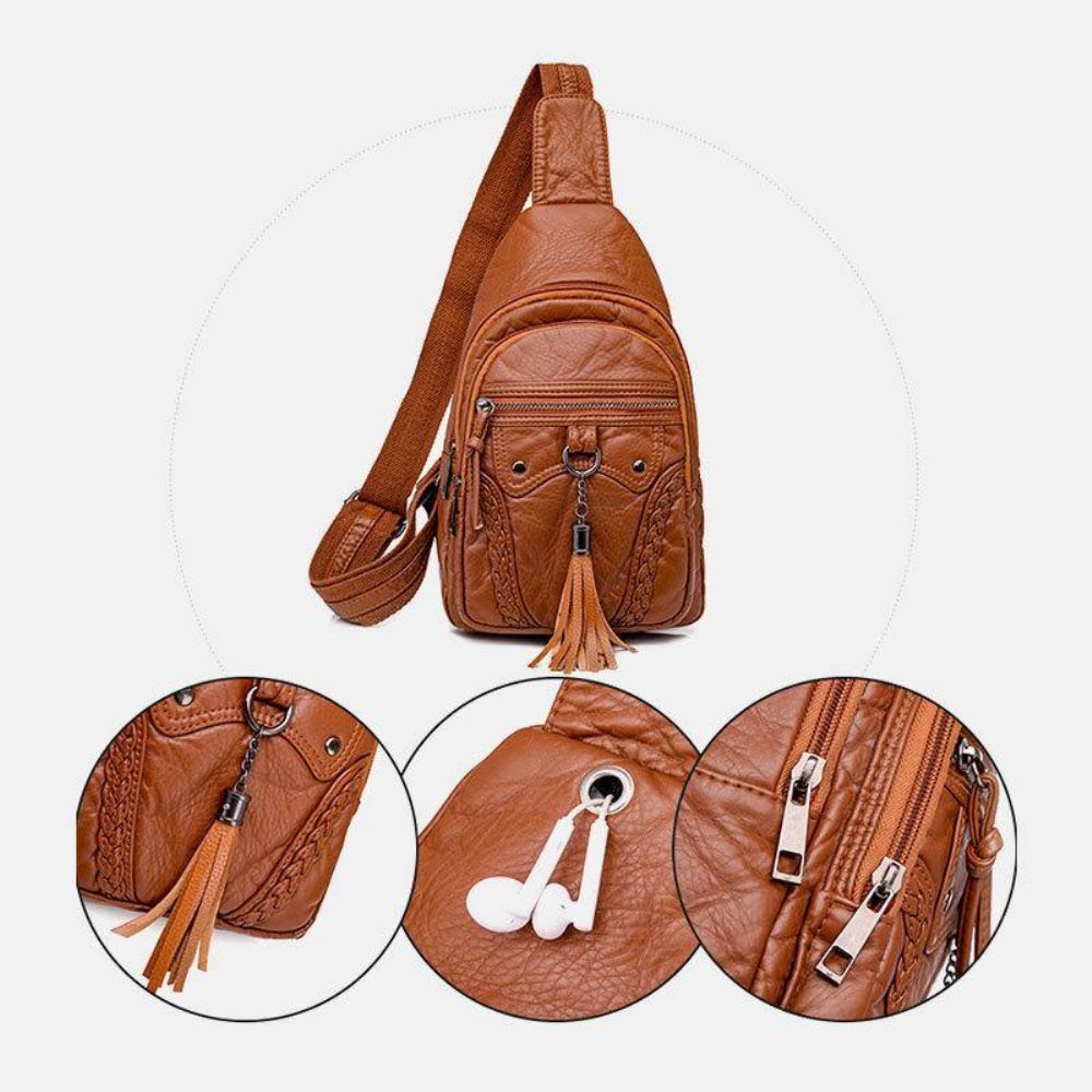 Frauen Pu Leder Quaste Große Kapazität Kopfhörer Loch Anti-Diebstahl Crossbody Taschen Umhängetasche Brusttasche