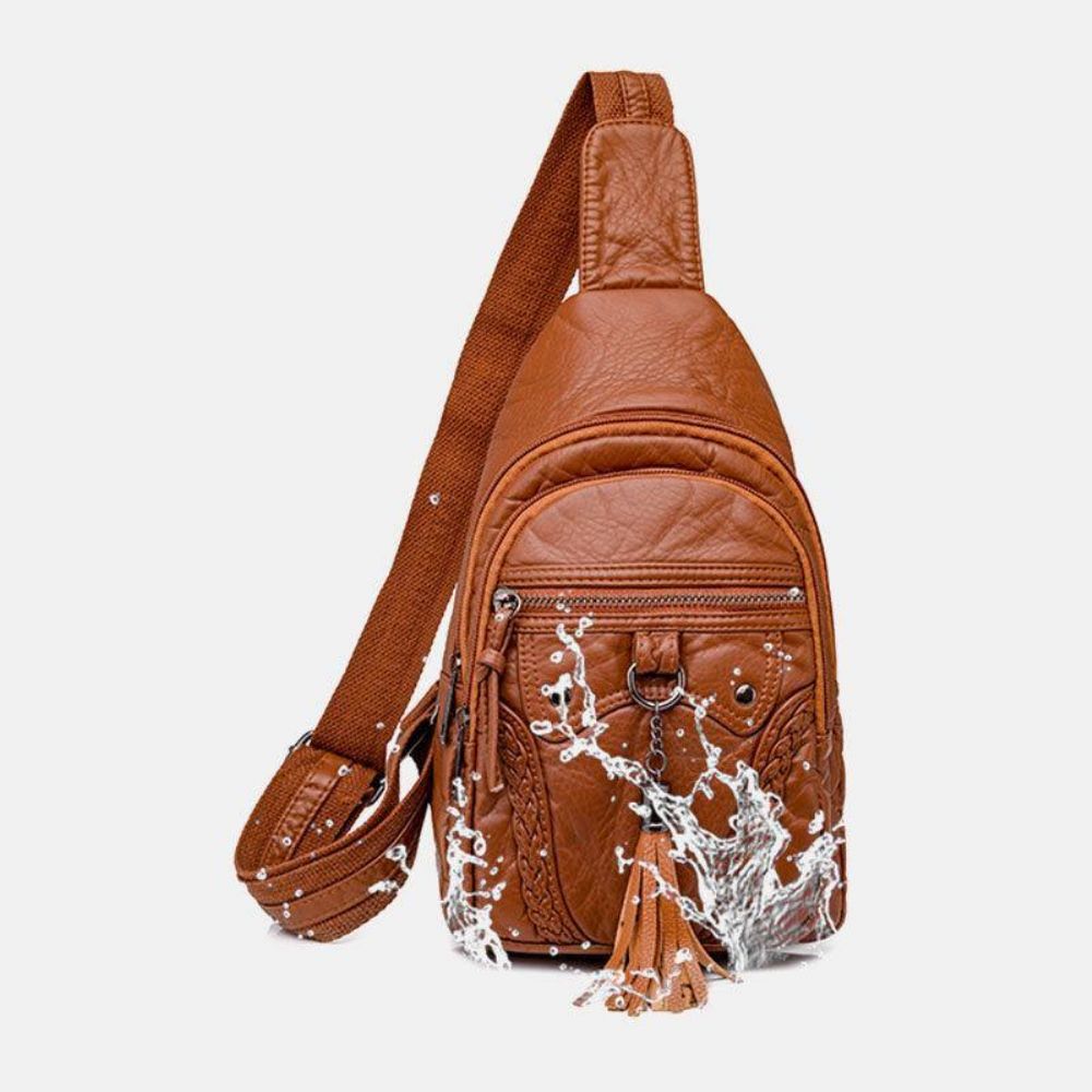 Frauen Pu Leder Quaste Große Kapazität Kopfhörer Loch Anti-Diebstahl Crossbody Taschen Umhängetasche Brusttasche