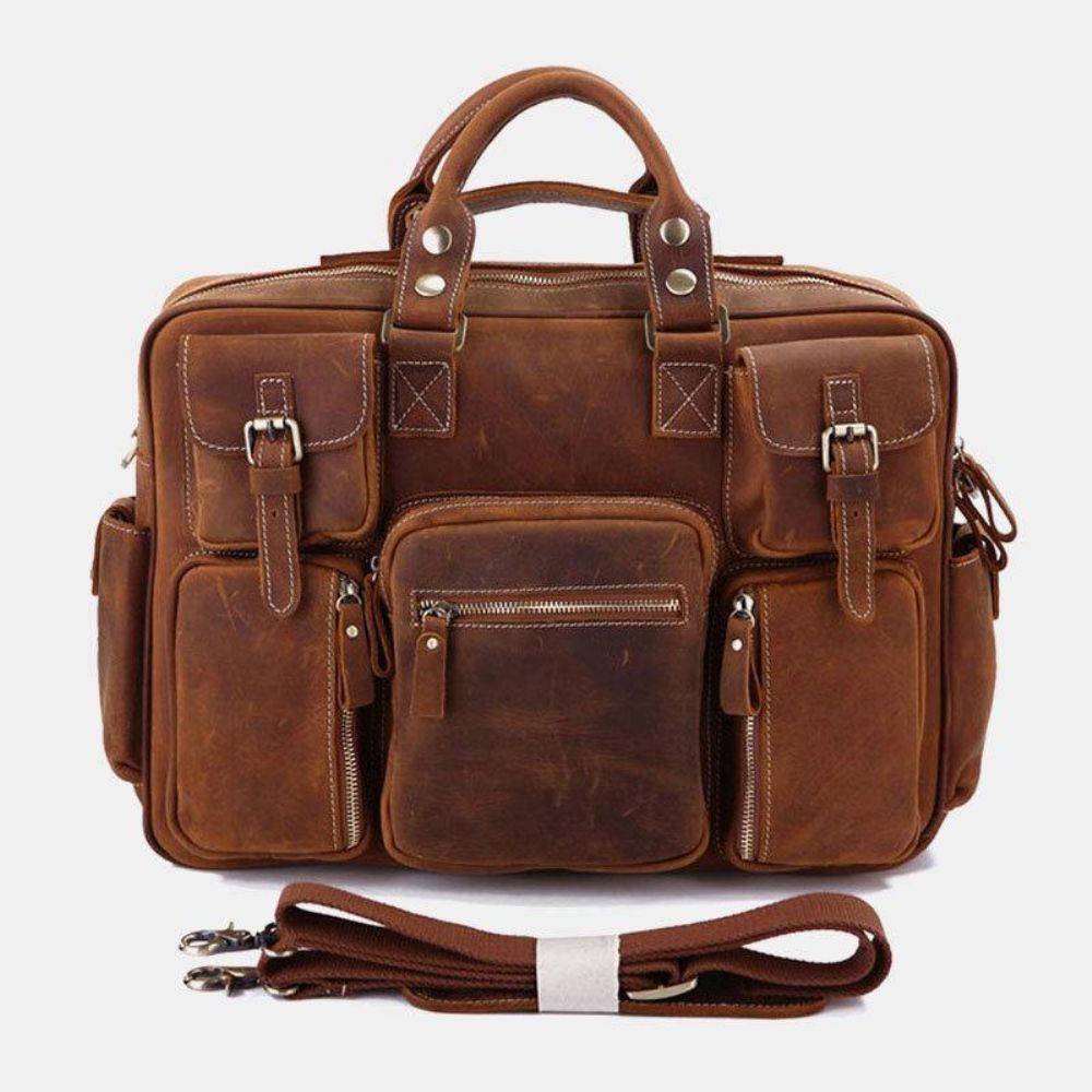 Herren Echtes Leder Abnehmbarer Riemen Große Multi-Pocket 15.6 Zoll Laptoptasche Aktentasche Messenger Bag Umhängetaschen