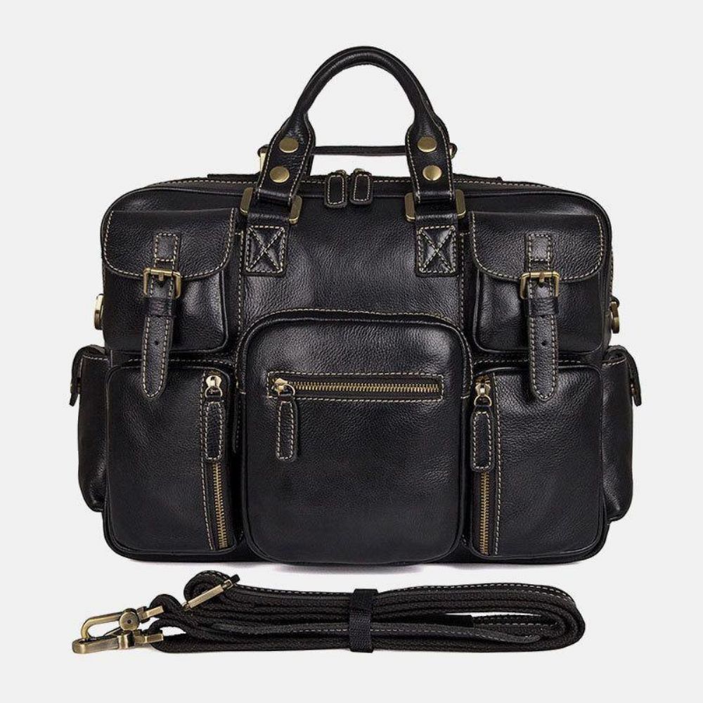 Herren Echtes Leder Abnehmbarer Riemen Große Multi-Pocket 15.6 Zoll Laptoptasche Aktentasche Messenger Bag Umhängetaschen