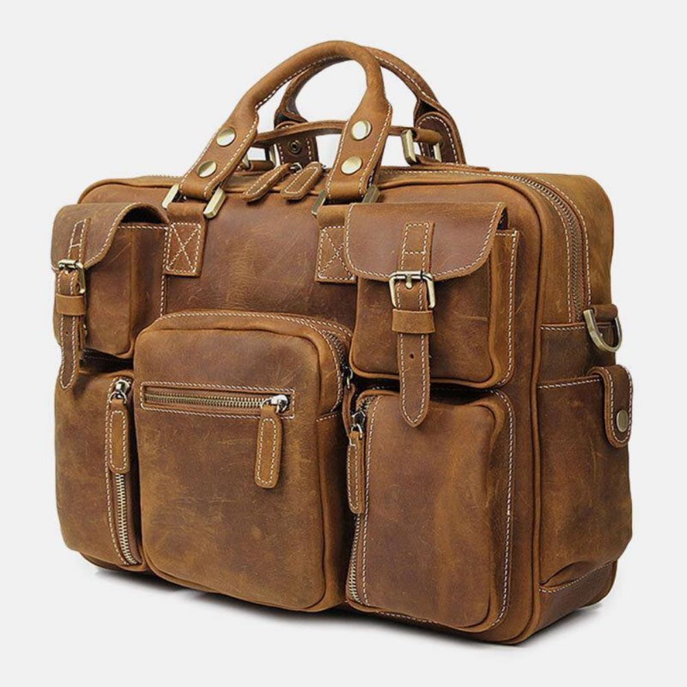 Herren Echtes Leder Abnehmbarer Riemen Große Multi-Pocket 15.6 Zoll Laptoptasche Aktentasche Messenger Bag Umhängetaschen