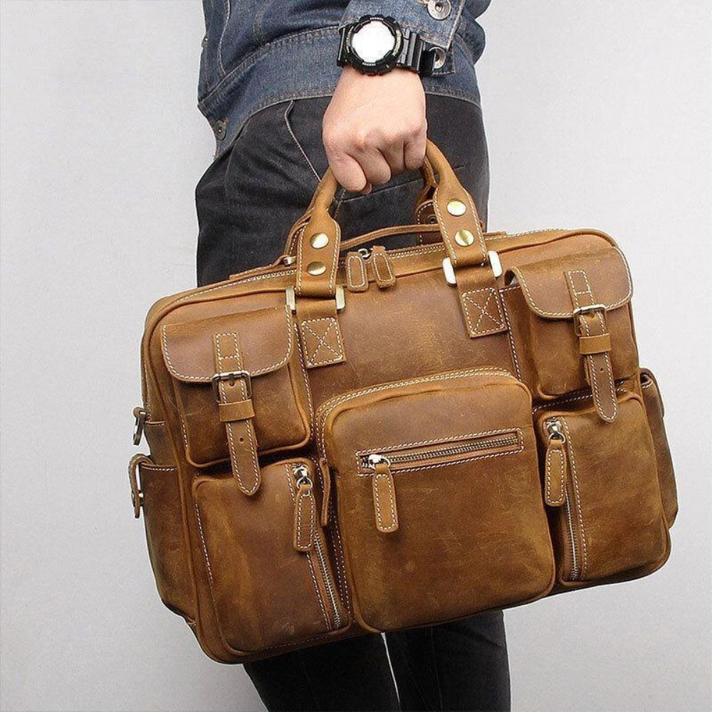 Herren Echtes Leder Abnehmbarer Riemen Große Multi-Pocket 15.6 Zoll Laptoptasche Aktentasche Messenger Bag Umhängetaschen