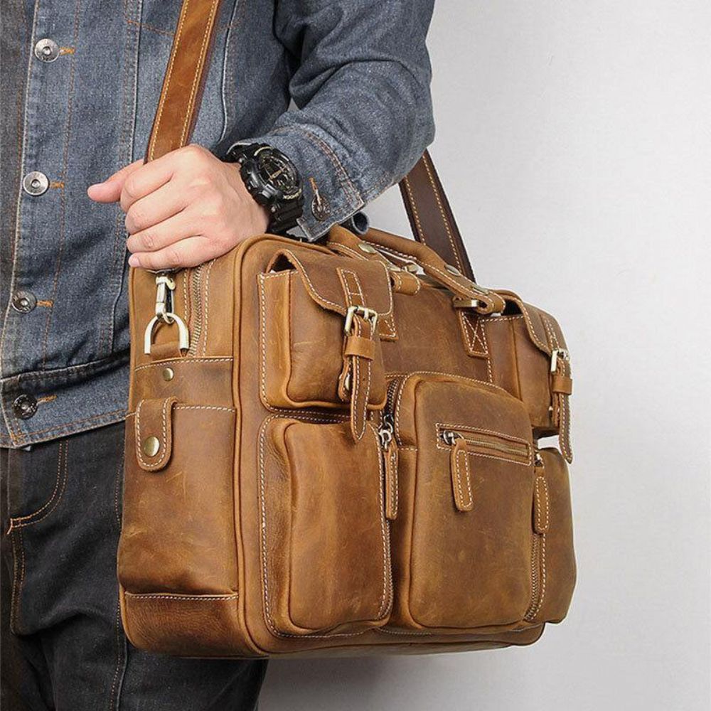 Herren Echtes Leder Abnehmbarer Riemen Große Multi-Pocket 15.6 Zoll Laptoptasche Aktentasche Messenger Bag Umhängetaschen