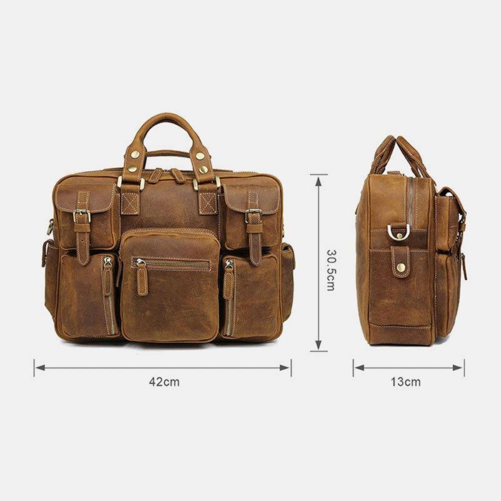 Herren Echtes Leder Abnehmbarer Riemen Große Multi-Pocket 15.6 Zoll Laptoptasche Aktentasche Messenger Bag Umhängetaschen