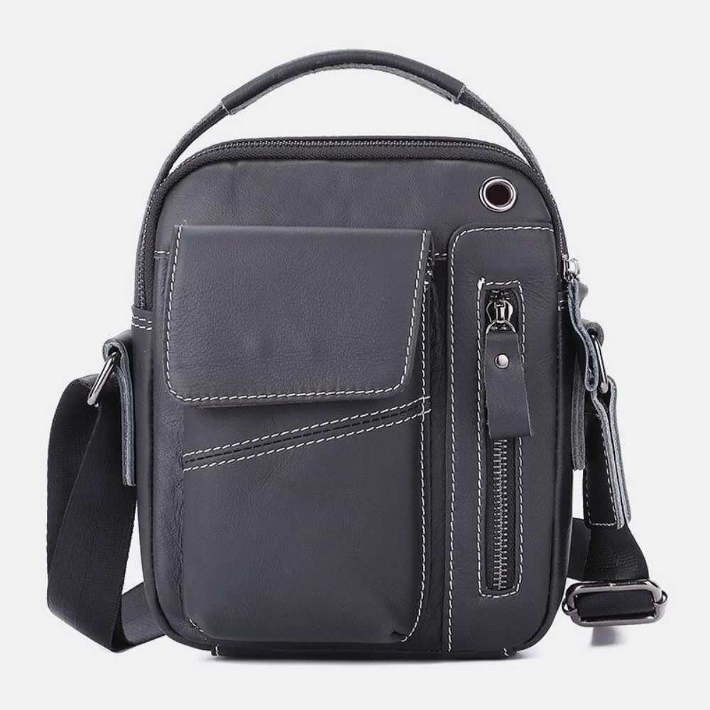 Herren Echtes Leder Multi-Pocket Kopfhörer Loch Vintage 6.5 Zoll Handytasche Umhängetasche Umhängetasche Messenger Aktentasche