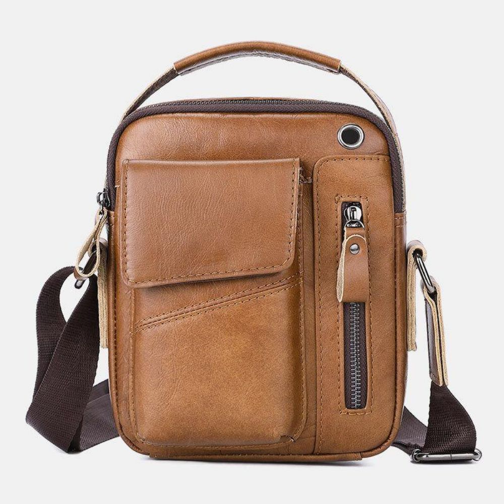 Herren Echtes Leder Multi-Pocket Kopfhörer Loch Vintage 6.5 Zoll Handytasche Umhängetasche Umhängetasche Messenger Aktentasche