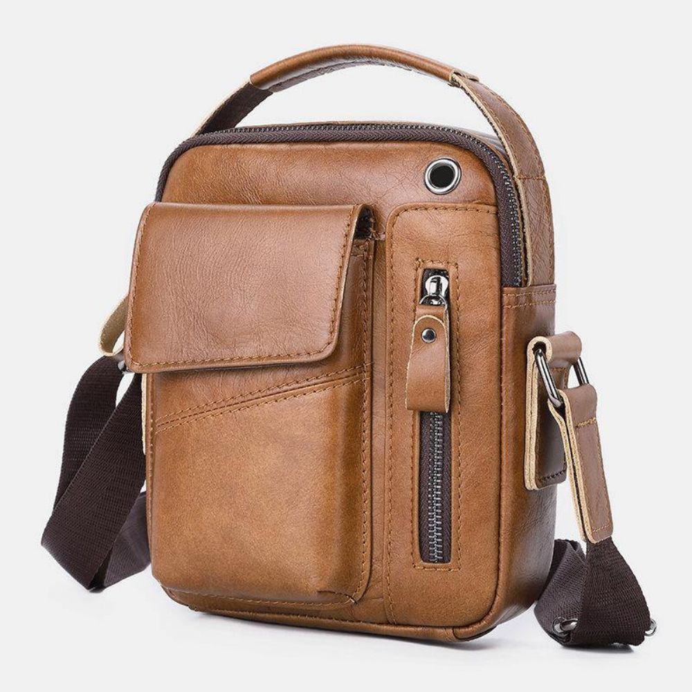 Herren Echtes Leder Multi-Pocket Kopfhörer Loch Vintage 6.5 Zoll Handytasche Umhängetasche Umhängetasche Messenger Aktentasche