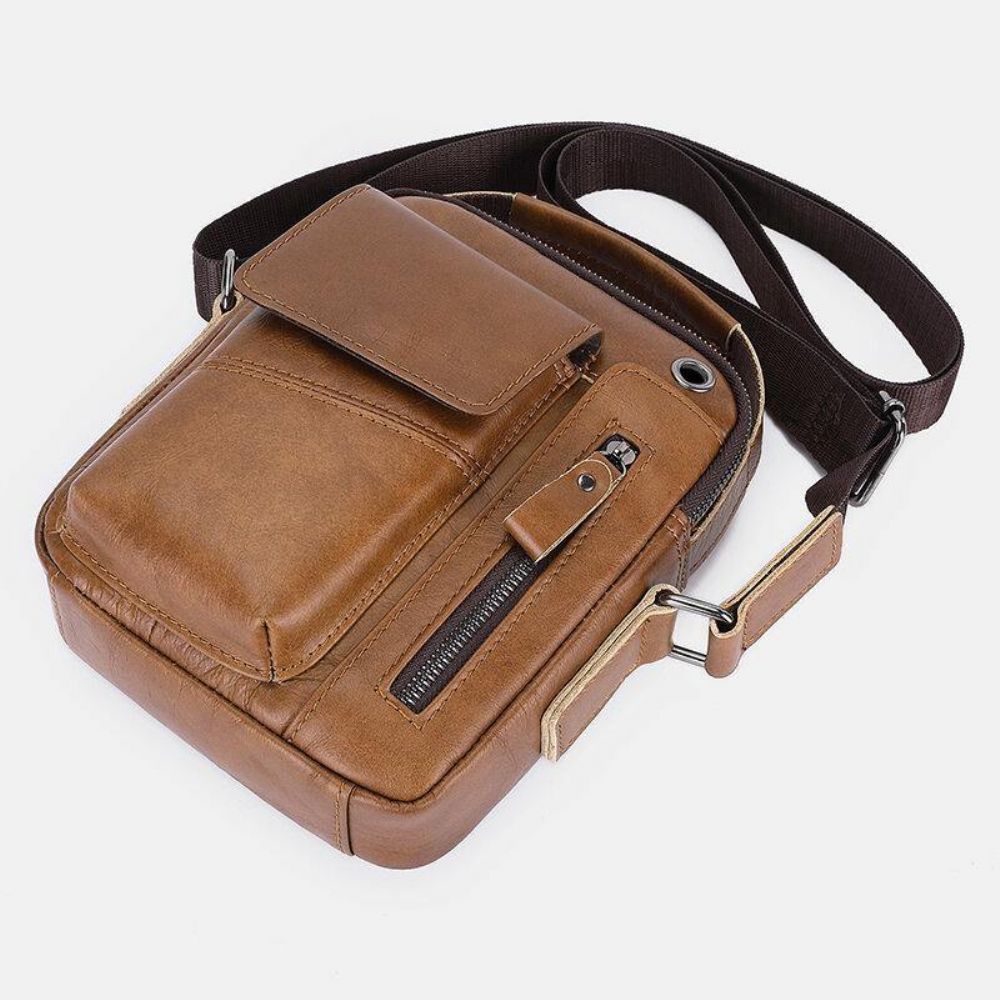 Herren Echtes Leder Multi-Pocket Kopfhörer Loch Vintage 6.5 Zoll Handytasche Umhängetasche Umhängetasche Messenger Aktentasche