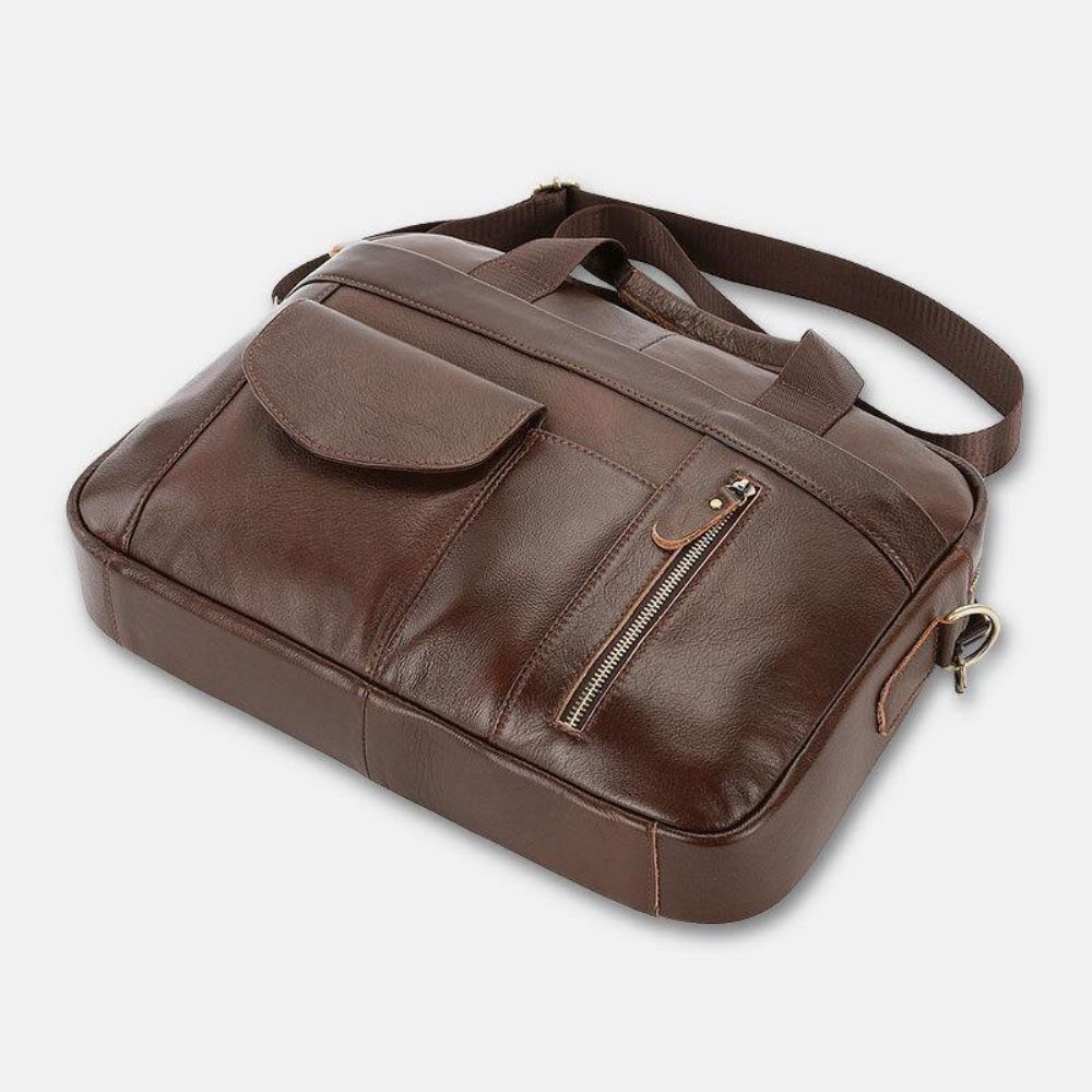 Herren Echtes Leder Multi-Pocket Vintage 14 Zoll Laptoptasche Aktentaschen Umhängetasche Umhängetasche Handtasche