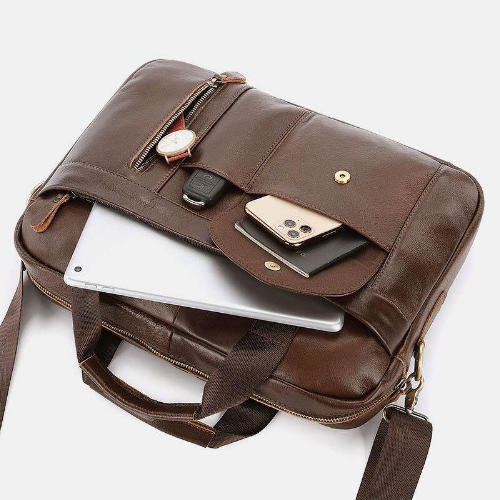 Herren Echtes Leder Multi-Pocket Vintage 14 Zoll Laptoptasche Aktentaschen Umhängetasche Umhängetasche Handtasche