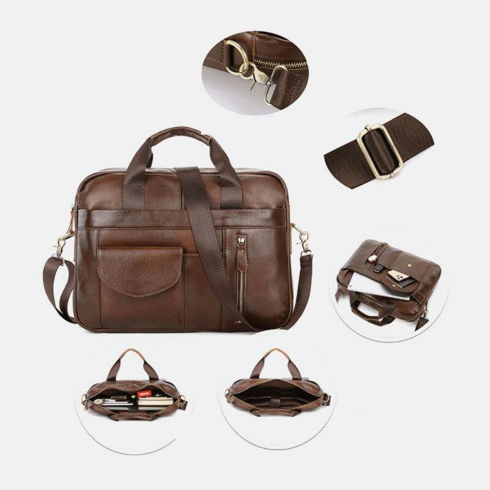 Herren Echtes Leder Multi-Pocket Vintage 14 Zoll Laptoptasche Aktentaschen Umhängetasche Umhängetasche Handtasche