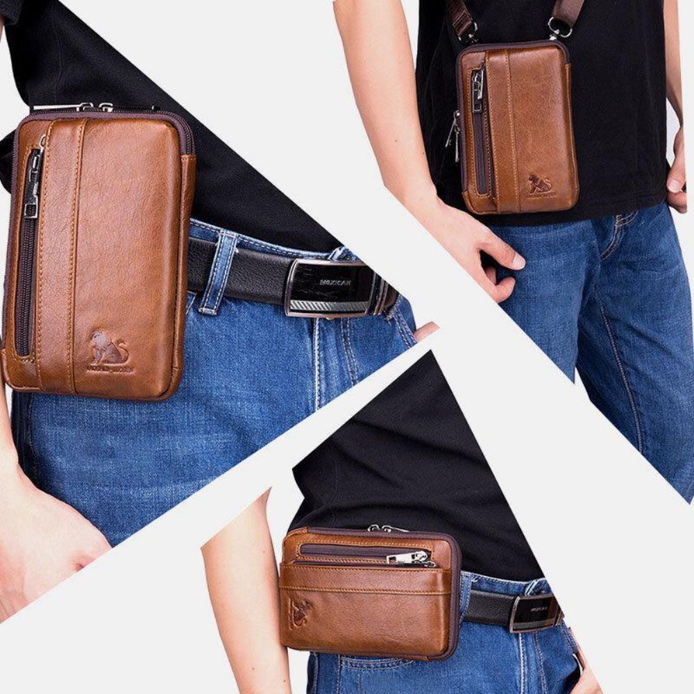 Herren Echtes Leder Multi-Use Vintage Casual 6.5 Zoll Handy Gürteltasche Umhängetasche Umhängetasche