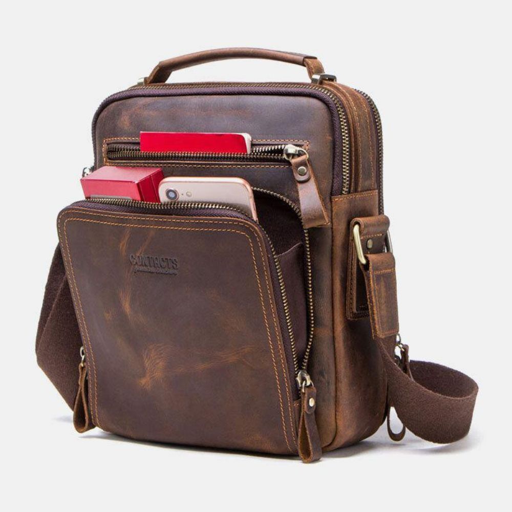 Herren Echtes Leder Multifunktions Multi-Pocket Vintage Aktentaschen Umhängetasche Umhängetasche Handtasche