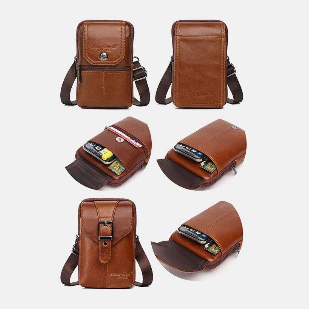 Herren Echtes Leder Vintage Multi-Card Slot 6.5 Zoll Mini Handytasche Umhängetasche Gürteltasche Rindsleder Tasche