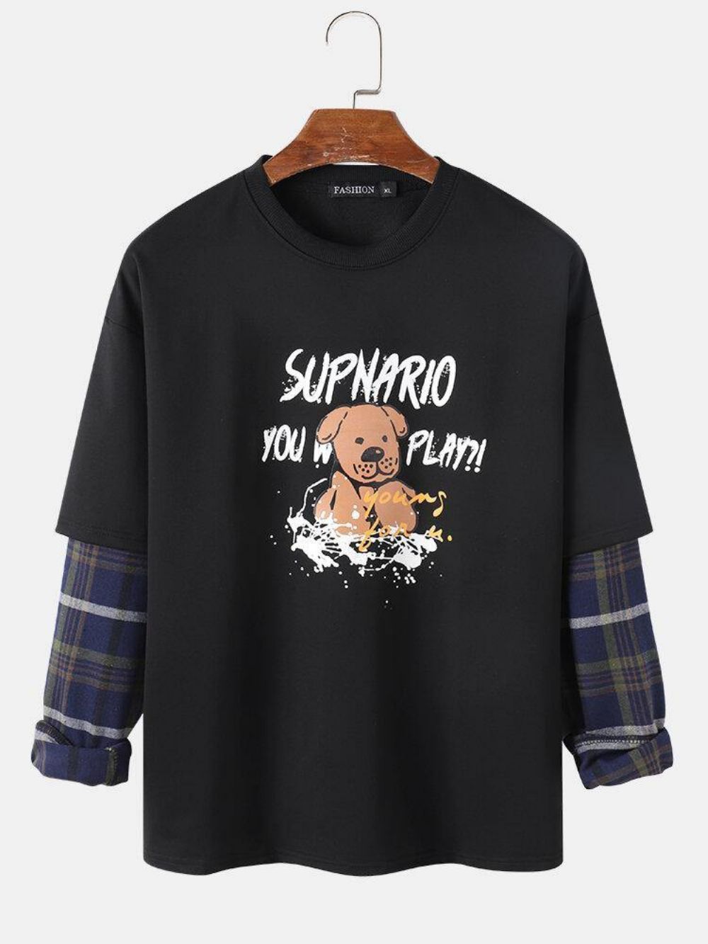 Herren Letter & Cartoon Dog Print Drop Shoulder Patchwork Plaid Sweatshirts