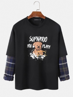 Herren Letter & Cartoon Dog Print Drop Shoulder Patchwork Plaid Sweatshirts