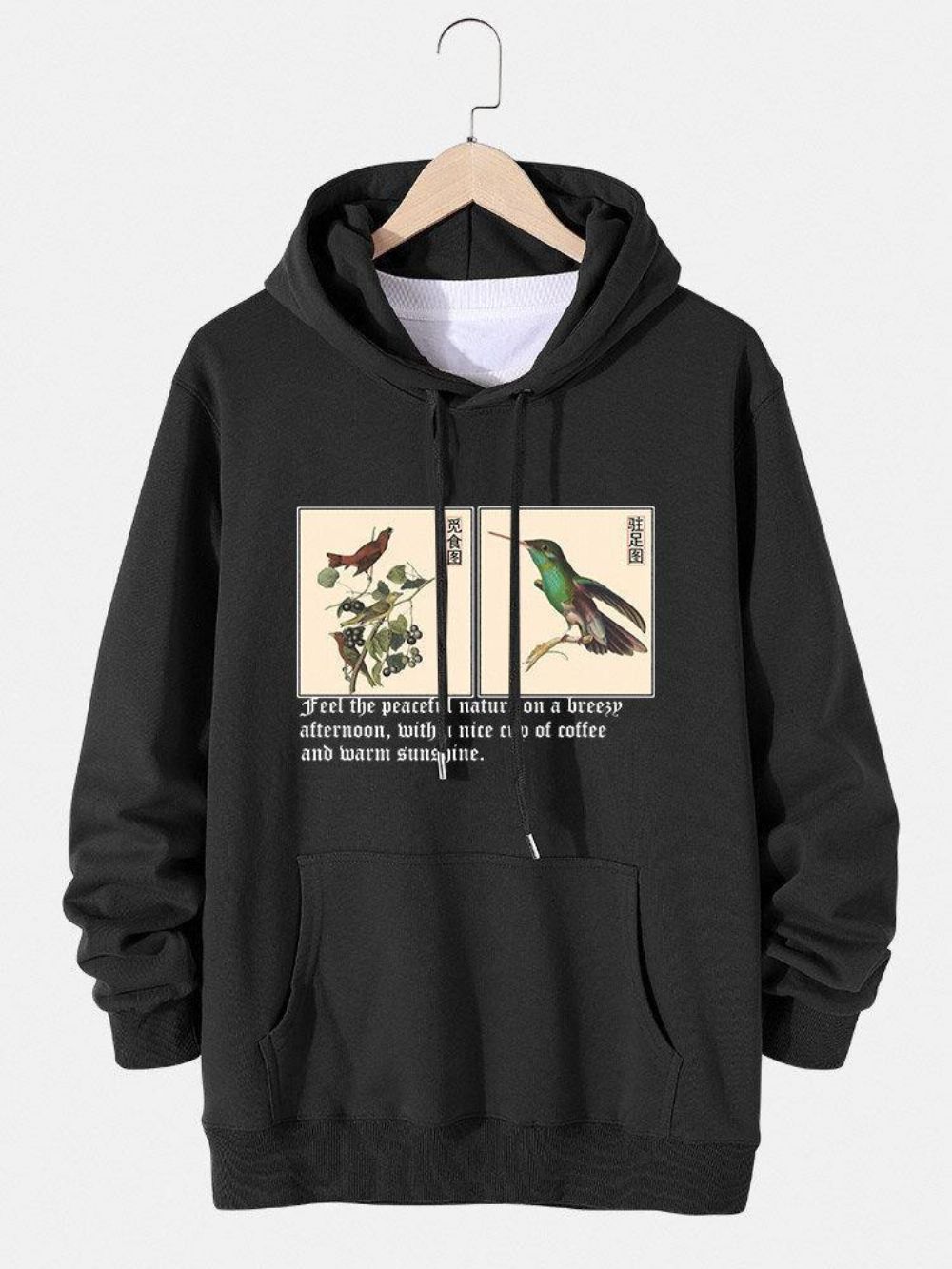 Hoodies Mit Kordelzug Aus Baumwolle Mit Vogel-Chinese-Malerei-Textdruck Für Herren