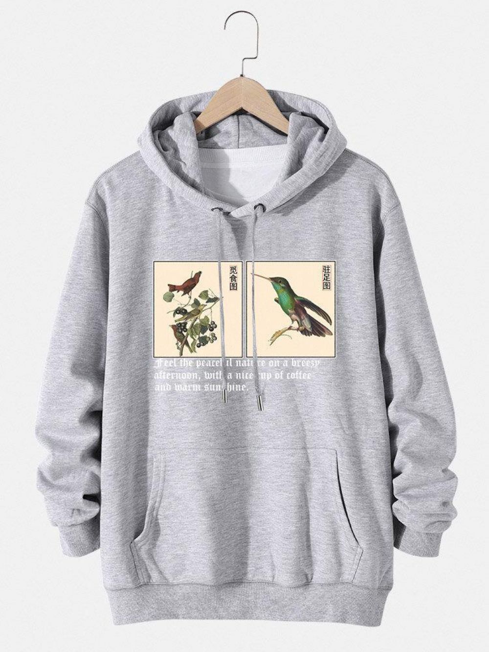 Hoodies Mit Kordelzug Aus Baumwolle Mit Vogel-Chinese-Malerei-Textdruck Für Herren