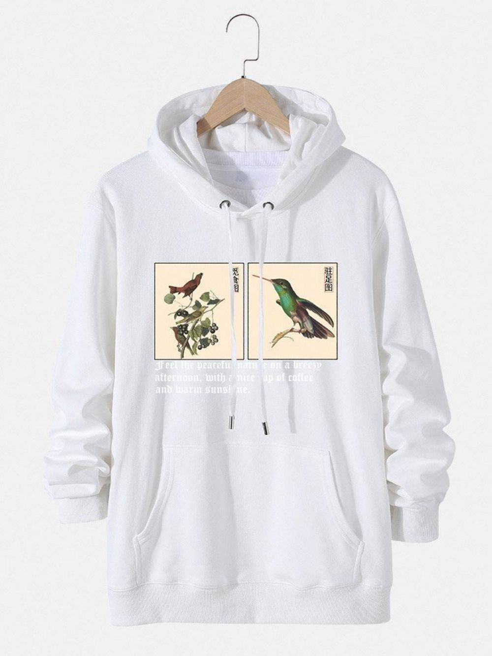 Hoodies Mit Kordelzug Aus Baumwolle Mit Vogel-Chinese-Malerei-Textdruck Für Herren