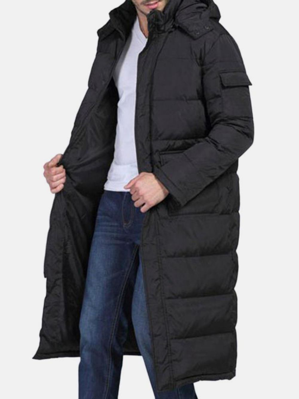 Herren Winter Outdoor Winddicht Warm Einfarbig Mit Kapuze Lang Gefüttert Jacke Parka Oberbekleidung