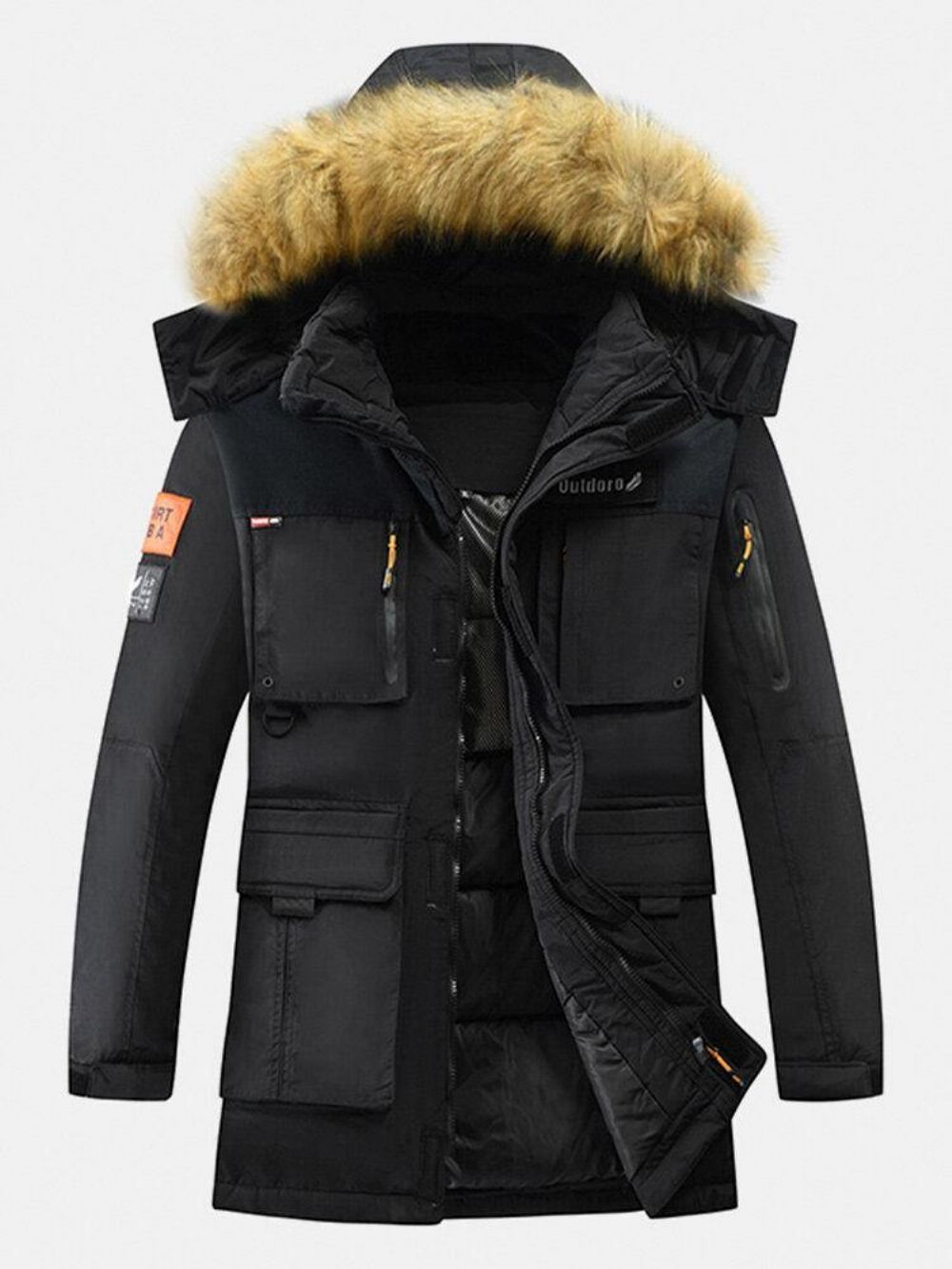 Herren Winter Verdicken Multi-Pocket Reißverschluss Pelz Kapuze Warmer Daunenmantel