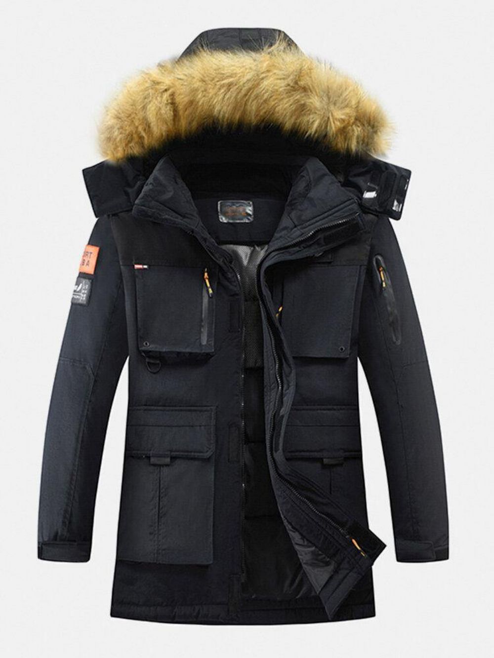 Herren Winter Verdicken Multi-Pocket Reißverschluss Pelz Kapuze Warmer Daunenmantel