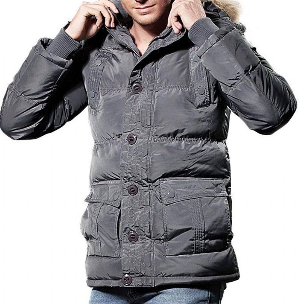 Herren Winter Winddicht Mehrere Taschen Reißverschluss Knöpfe Einfarbig Pelzige Kapuze Warm Gefütterte Jacke Parka