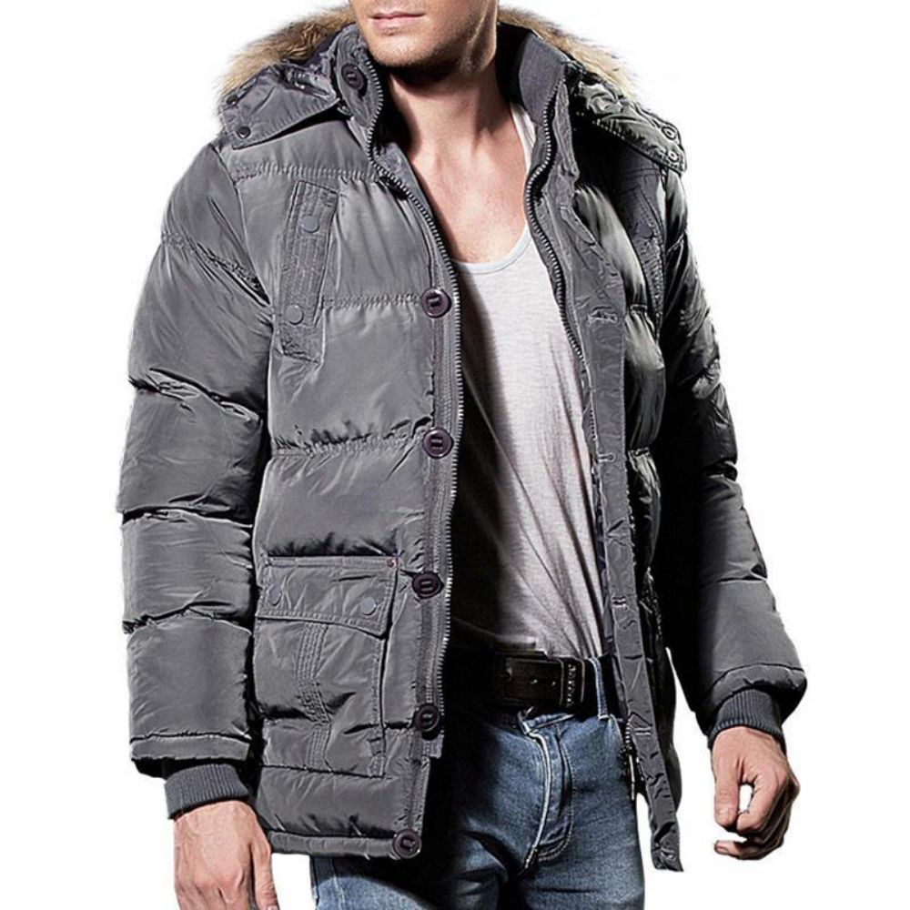 Herren Winter Winddicht Mehrere Taschen Reißverschluss Knöpfe Einfarbig Pelzige Kapuze Warm Gefütterte Jacke Parka