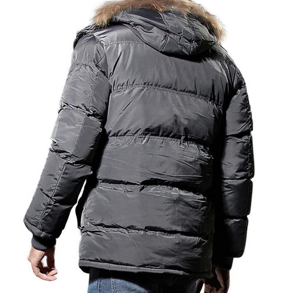 Herren Winter Winddicht Mehrere Taschen Reißverschluss Knöpfe Einfarbig Pelzige Kapuze Warm Gefütterte Jacke Parka