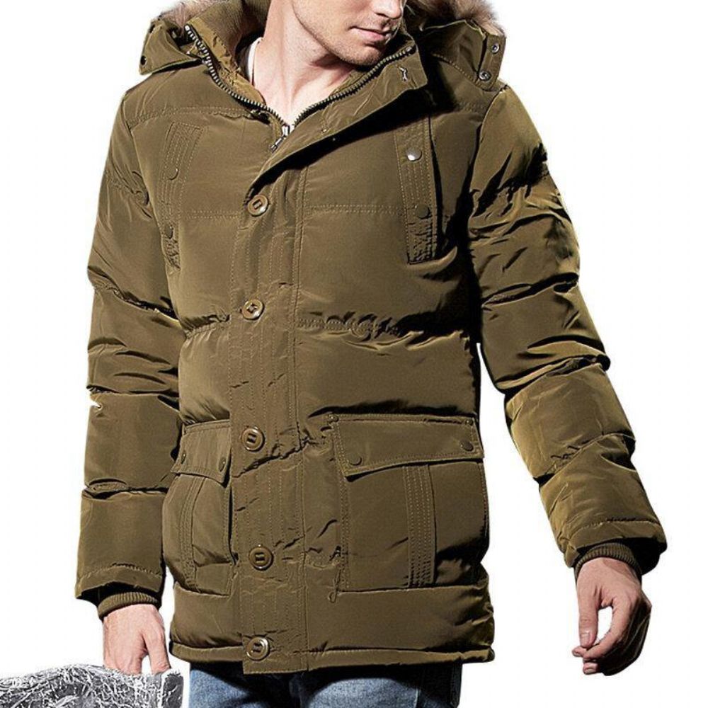 Herren Winter Winddicht Mehrere Taschen Reißverschluss Knöpfe Einfarbig Pelzige Kapuze Warm Gefütterte Jacke Parka